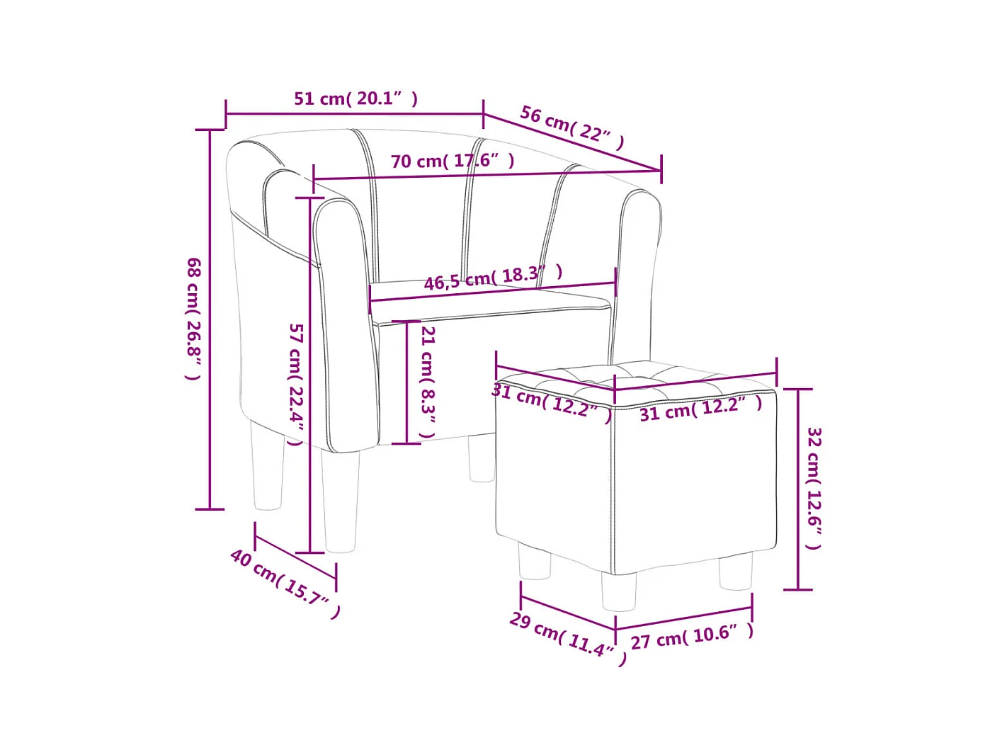 Chaise cabriolet avec repose-pied violet tissu
