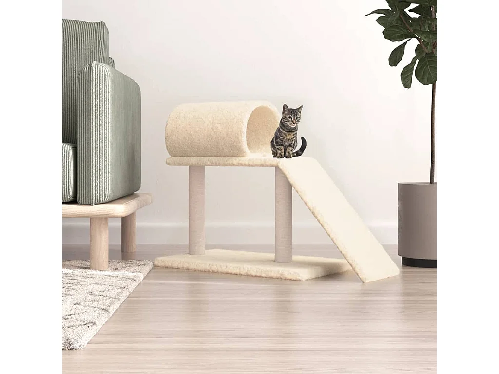 Postes arranhadores p/ gatos c/ túnel e escada 55,5 cm creme