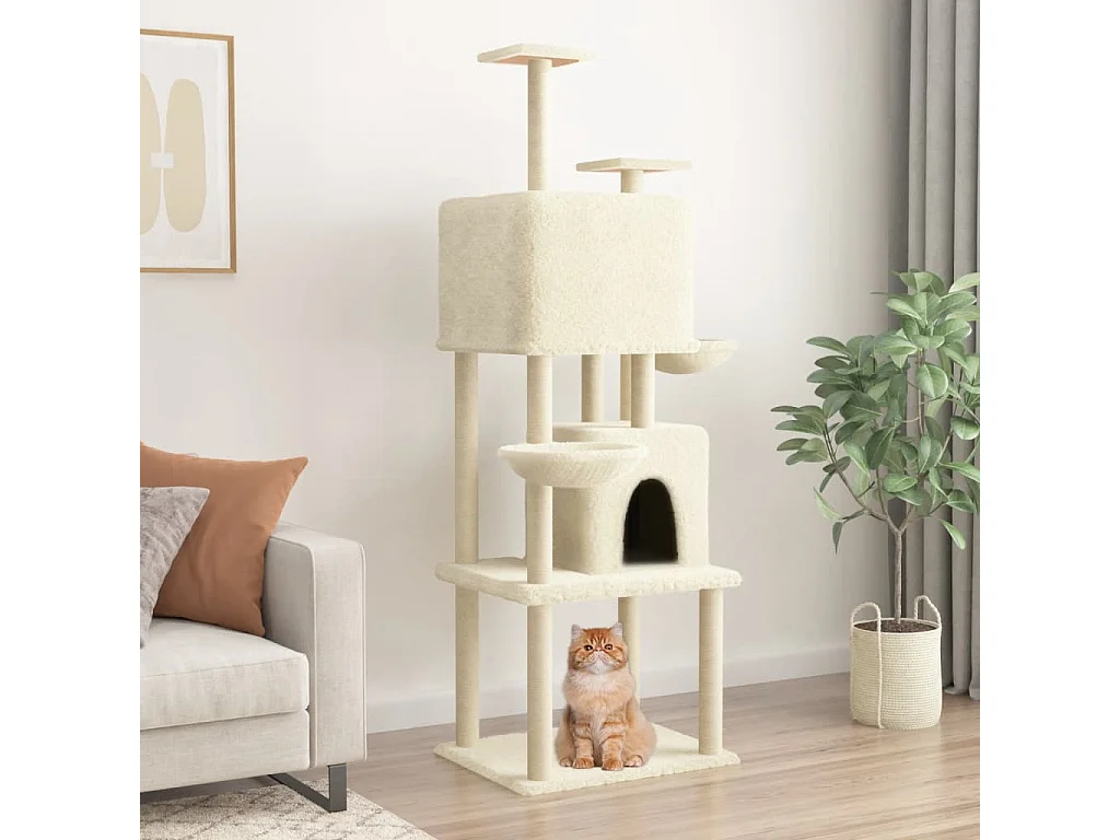 Rascador para gatos con postes de sisal crema 180 cm