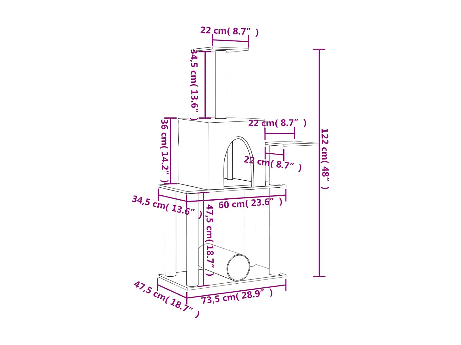 Árvore p/ gatos c/ postes arranhadores sisal 122 cm cinza-claro