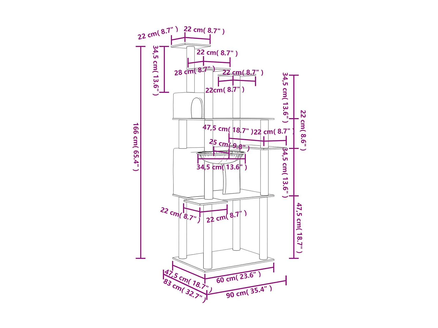 Kattenmeubel met sisal krabpalen 166 cm crèmekleurig