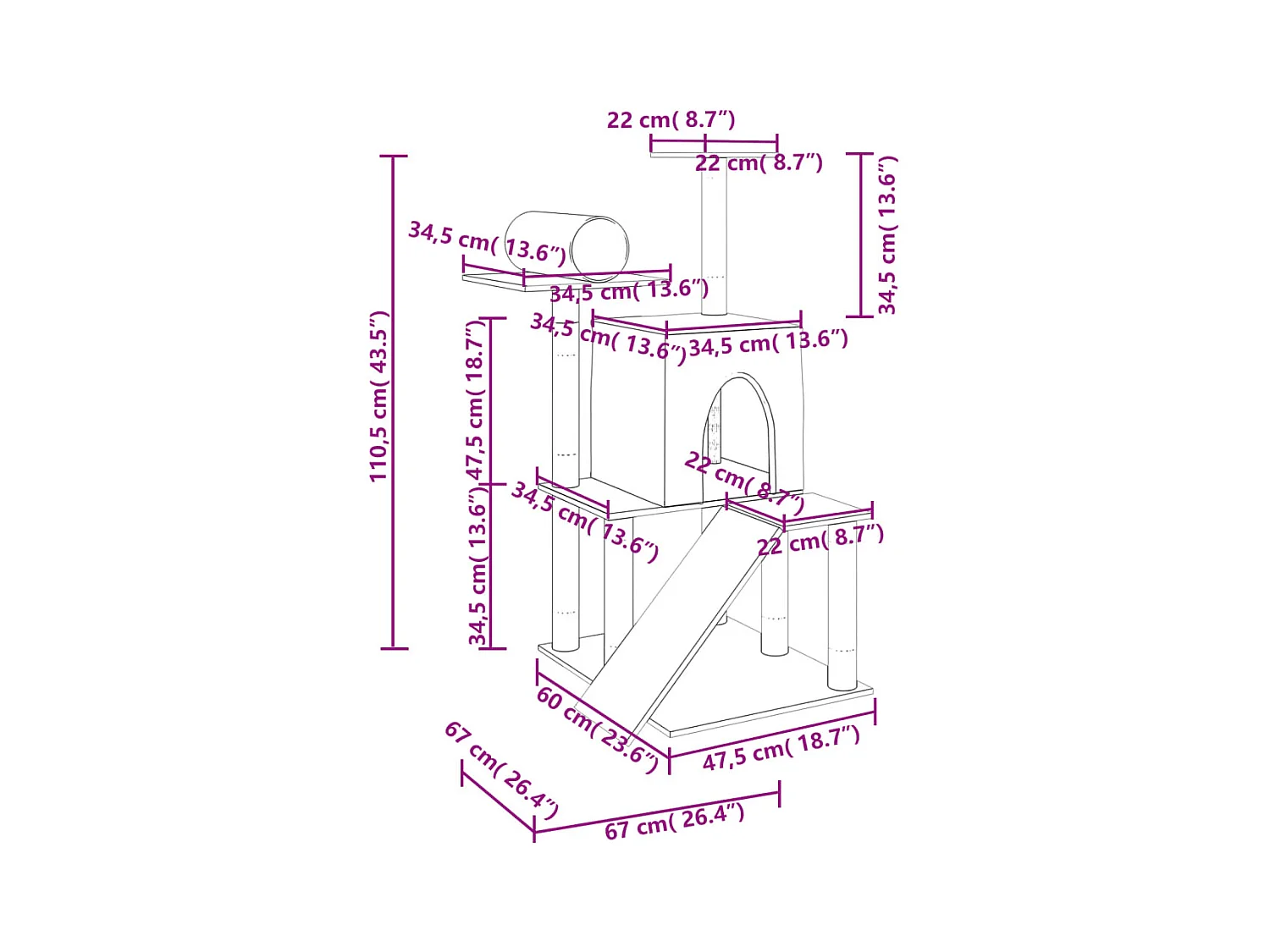 Árvore para gatos c/ postes arranhadores sisal 110,5 cm creme