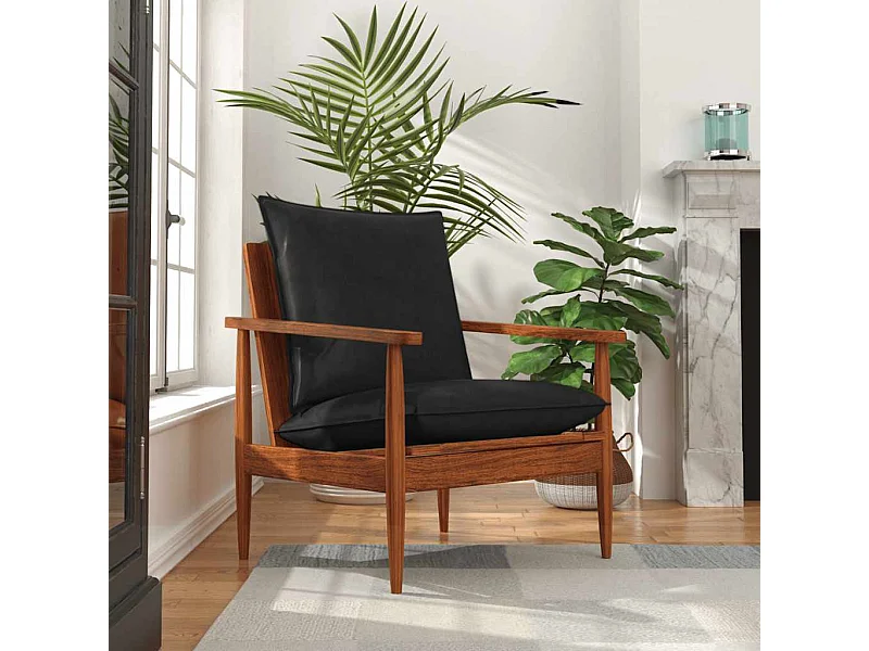 Poltrona Nera in Vera Pelle e Legno Massello di Acacia