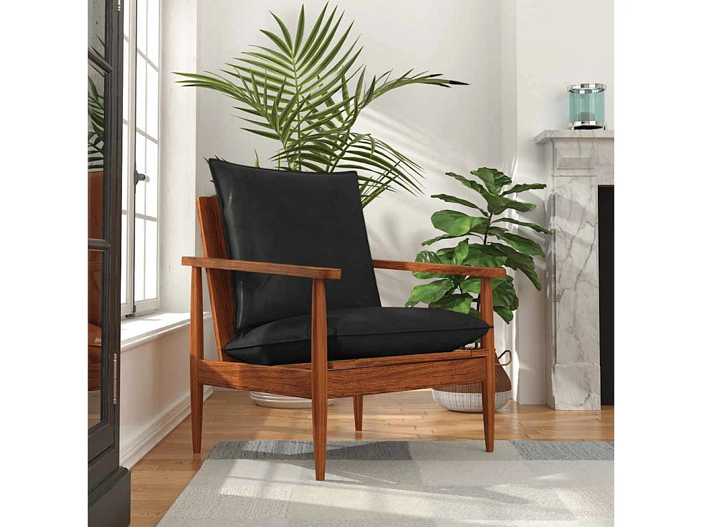 Fauteuil noir cuir véritable et bois d'acacia solide