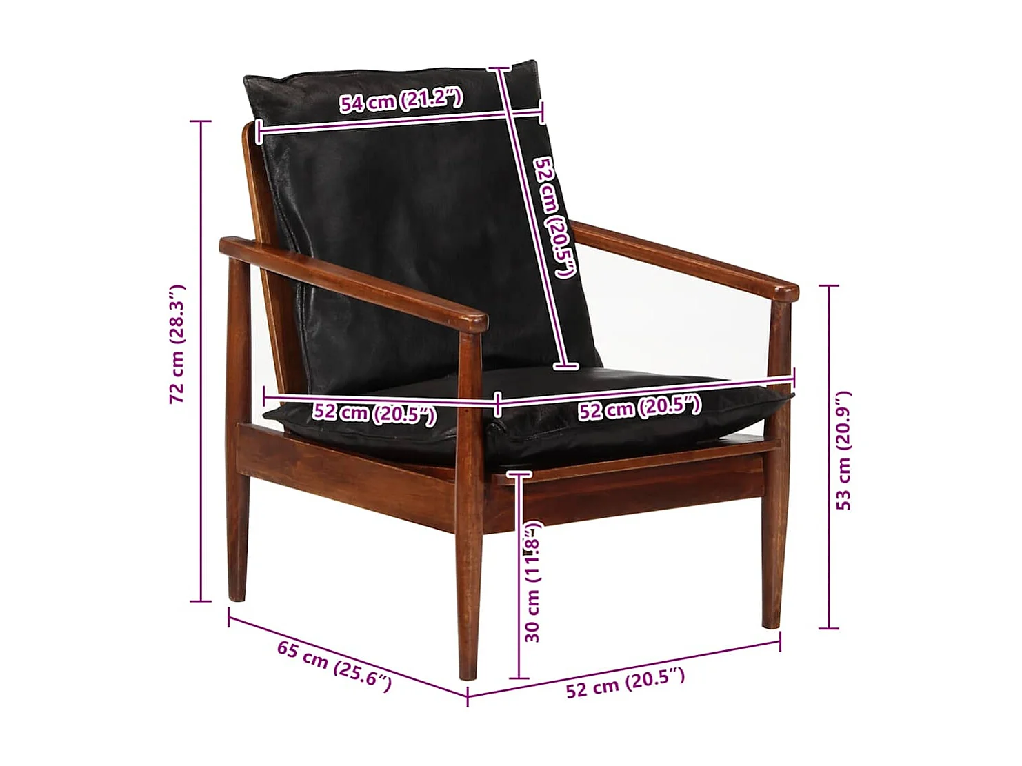 Fauteuil noir cuir véritable et bois d'acacia solide