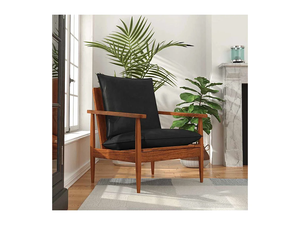Fauteuil noir cuir véritable et bois d'acacia solide