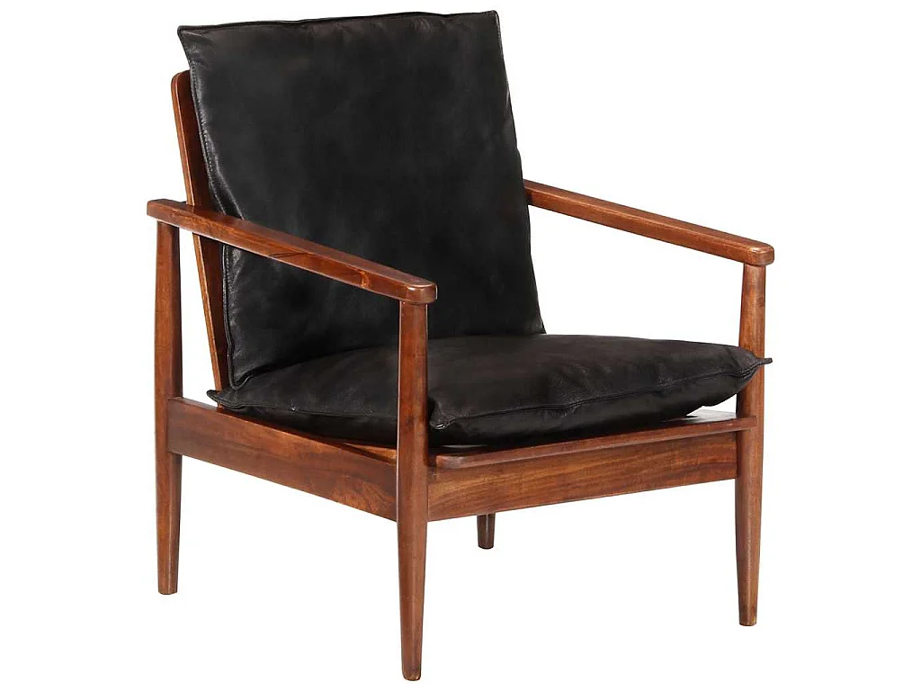 Sessel Schwarz Echtleder und Massivholz Akazie