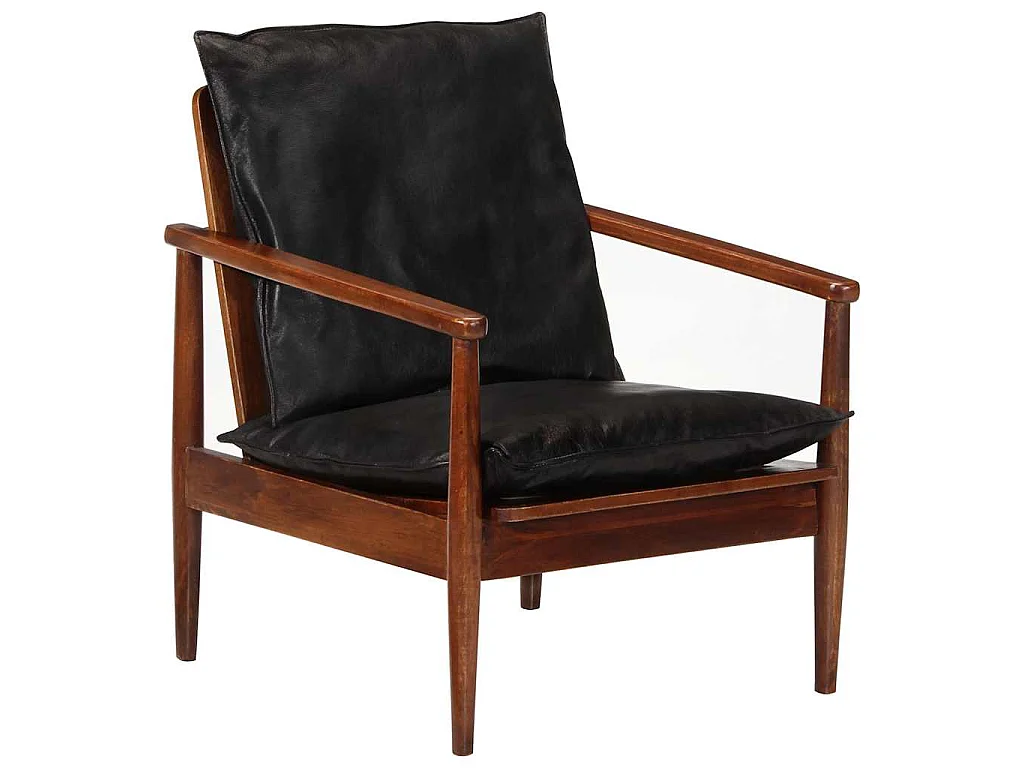 Sessel Schwarz Echtleder und Massivholz Akazie