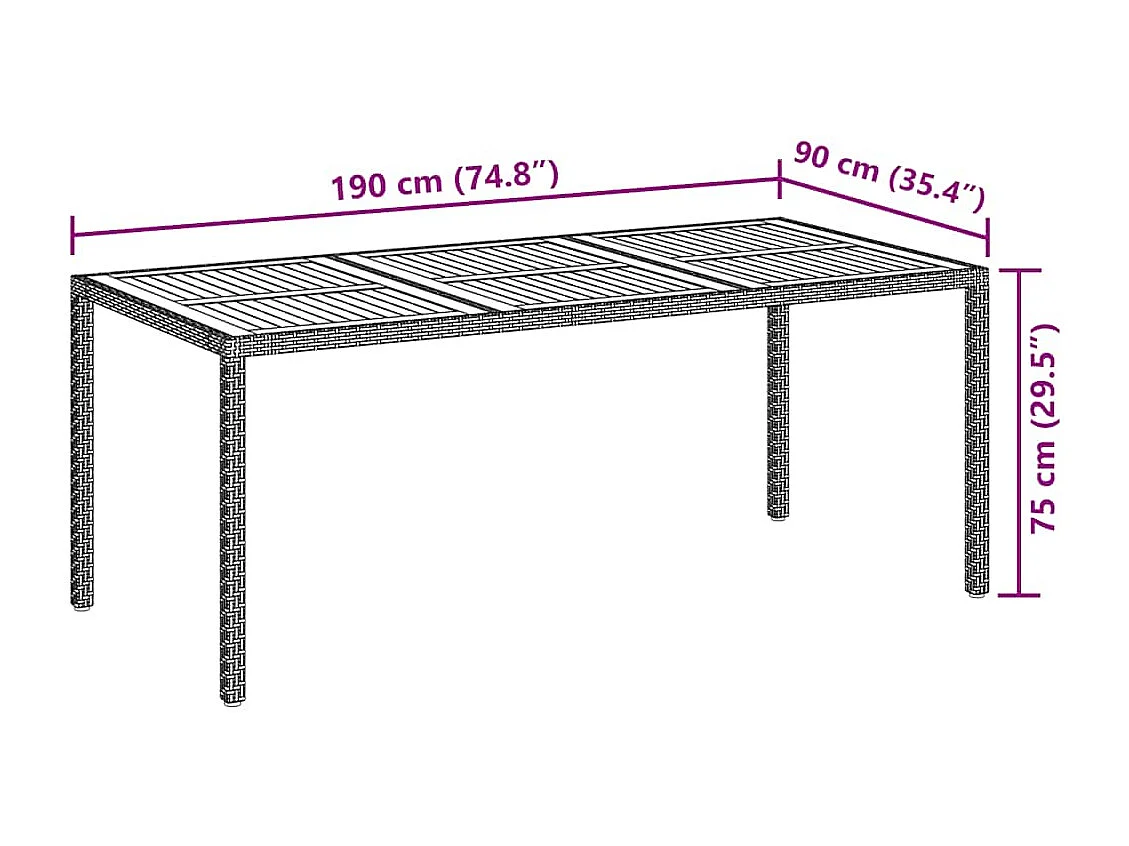 Table de jardin 190x90x75 cm Résine tressée/bois d'acacia Gris