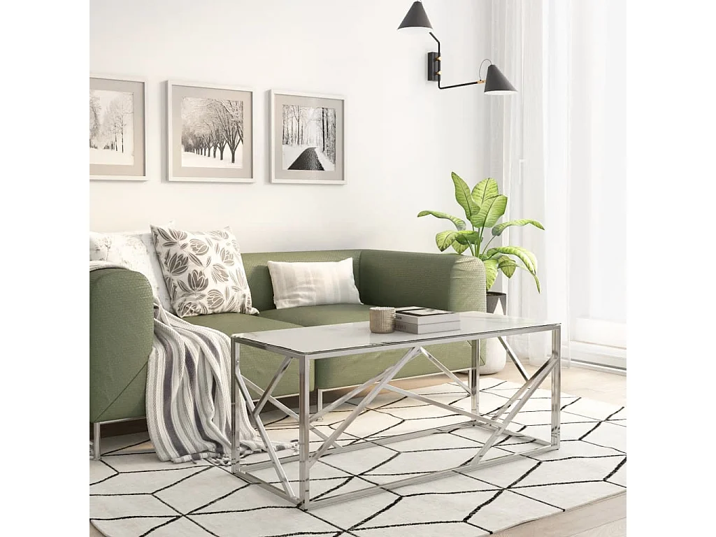 Mesa de centro plateada acero inoxidable y vidrio templado