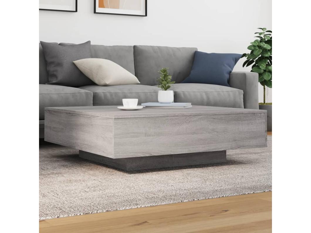 Stolik kawowy LED Sonoma szary 100x100x31 cm z wytrzymałego drewna inżynieryjnego