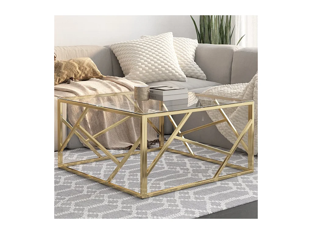 Table basse doré acier inoxydable et verre trempé