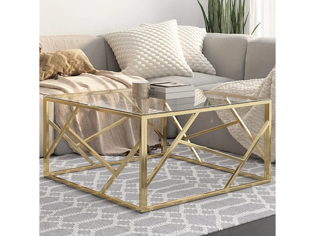 Table basse doré acier inoxydable et verre trempé