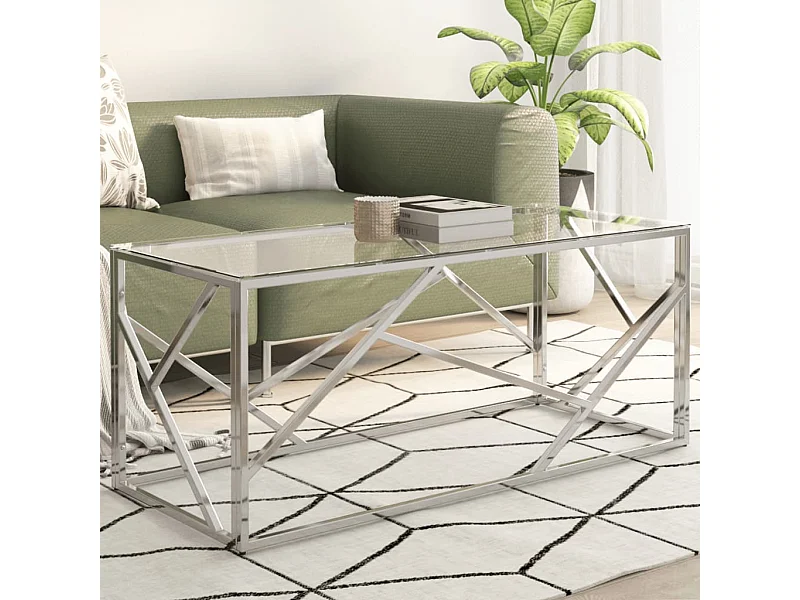 Table basse argenté acier inoxydable et verre trempé
