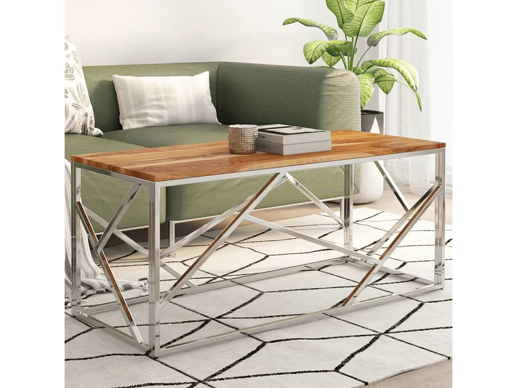 Table basse argenté acier inoxydable et bois massif d'acacia