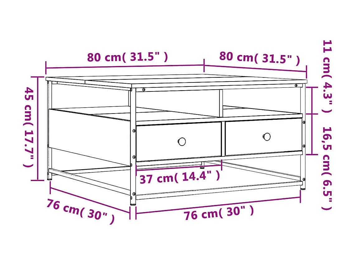 Salontafel 80x80x45 cm bewerkt hout gerookt eikenkleurig