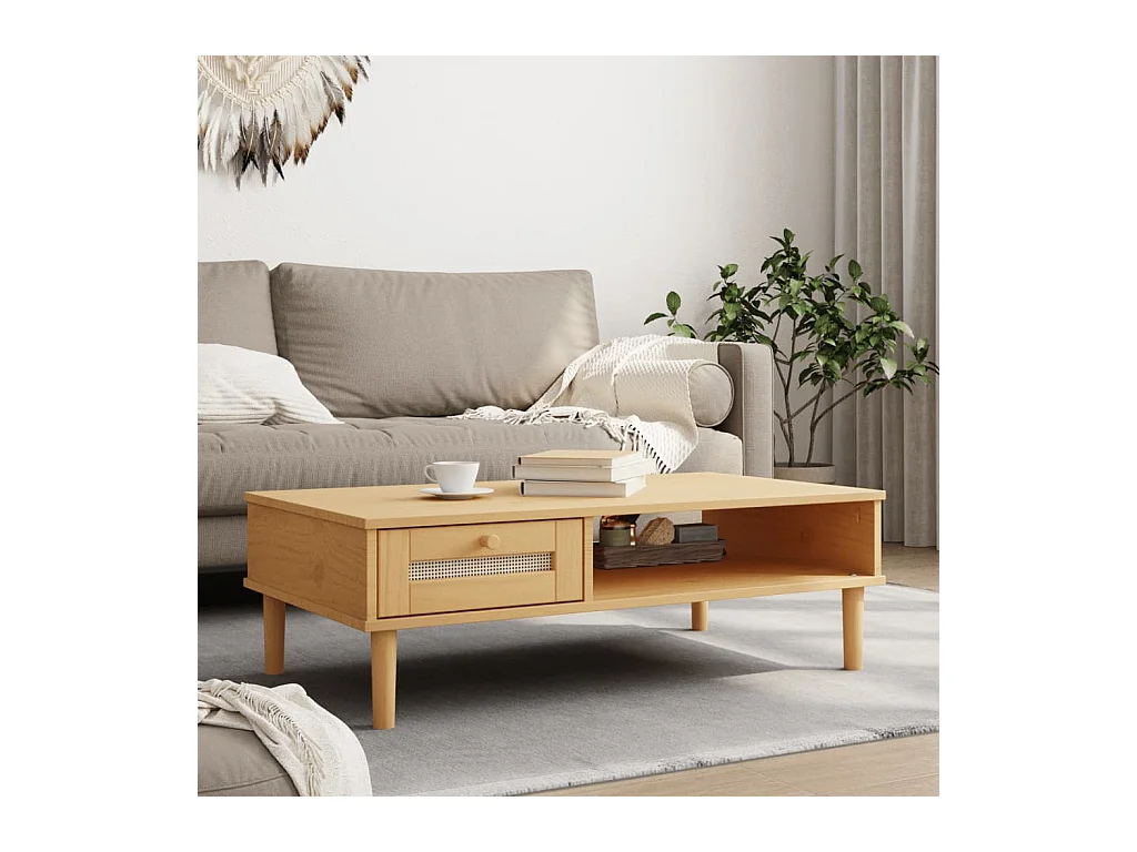 Table basse SENJA aspect rotin marron 100x55x33 cm bois massif