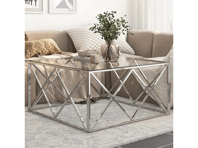 Table basse argenté acier inoxydable et verre trempé