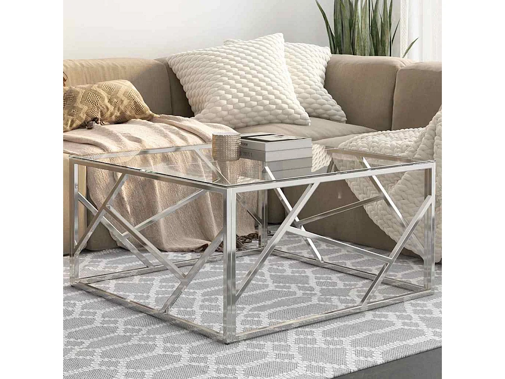 Table basse argenté acier inoxydable et verre trempé