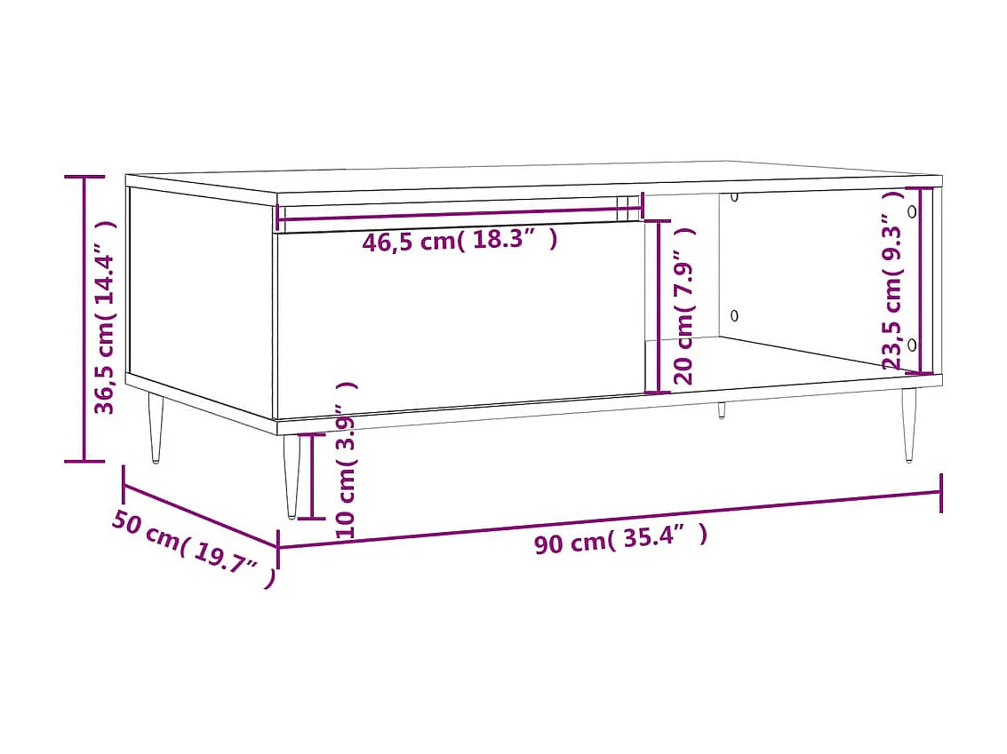 Mesa de centro 90x50x36,5cm derivados madeira carvalho castanho