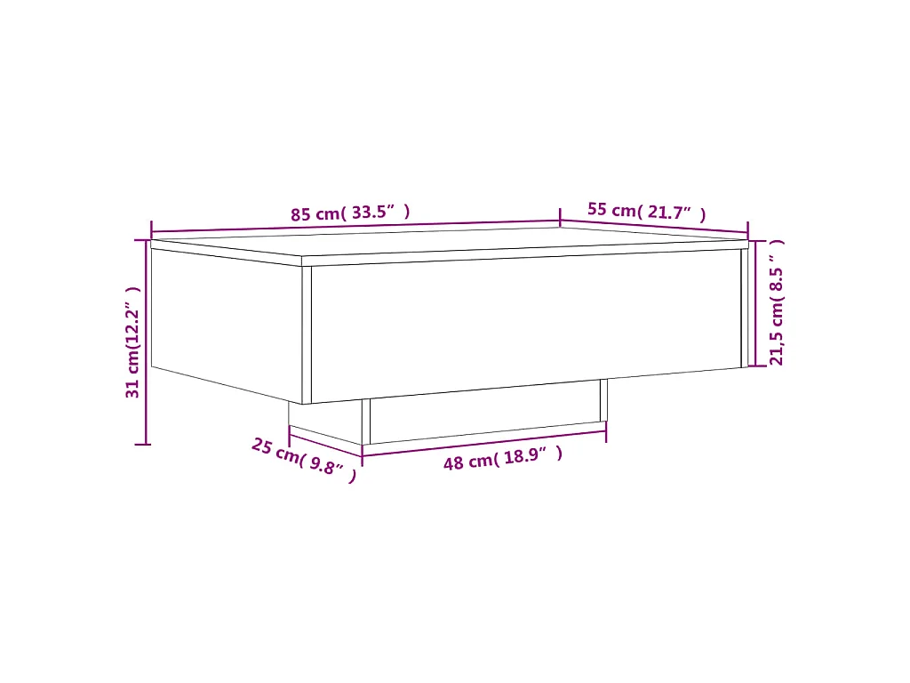 Table basse avec lumières LED chêne fumé 85x55x31 cm