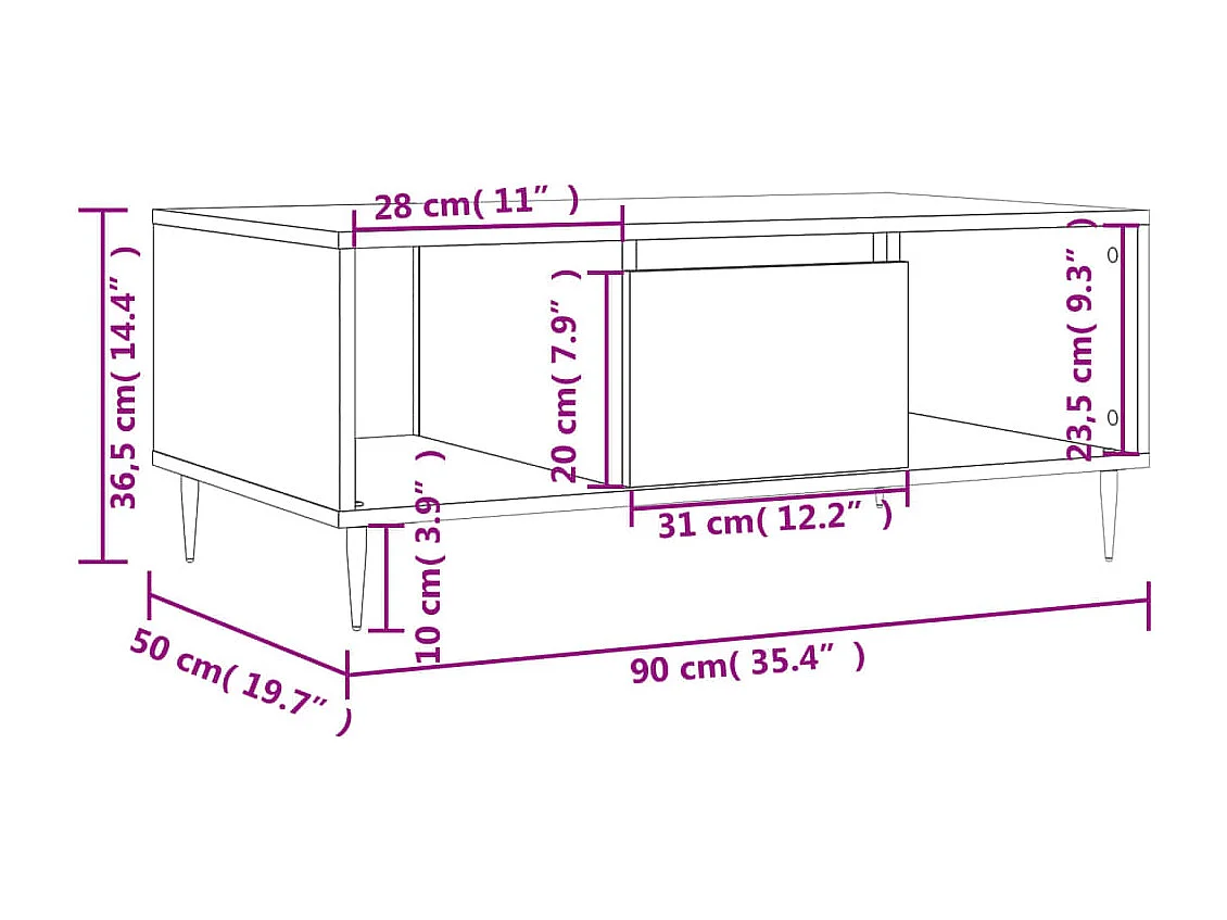 Salontafel 90x50x36,5 cm bewerkt hout gerookt eikenkleurig