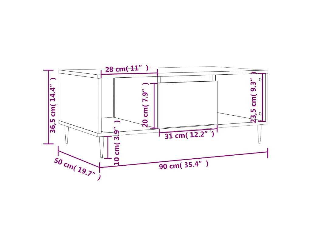 Mesa de centro madera contrachapada roble ahumado 90x50x36,5 cm
