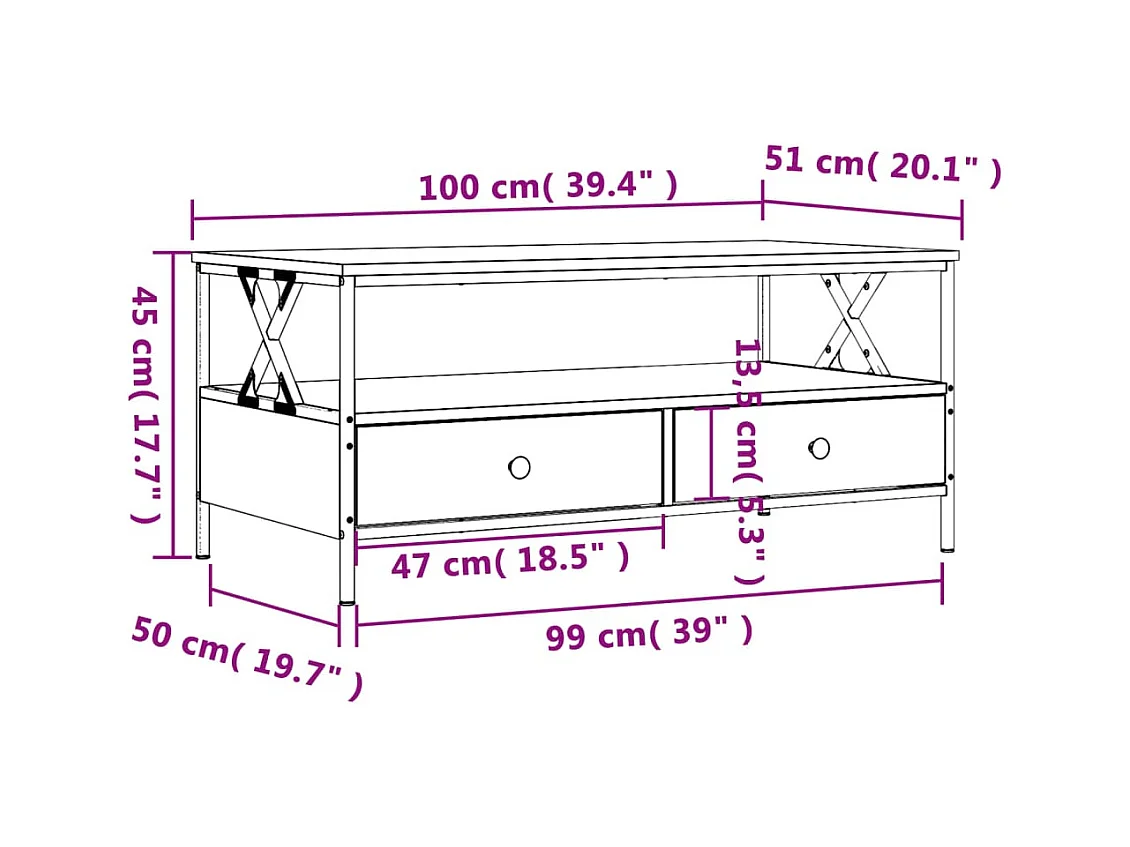 Table basse sonoma gris 100x51x45 cm bois d'ingénierie