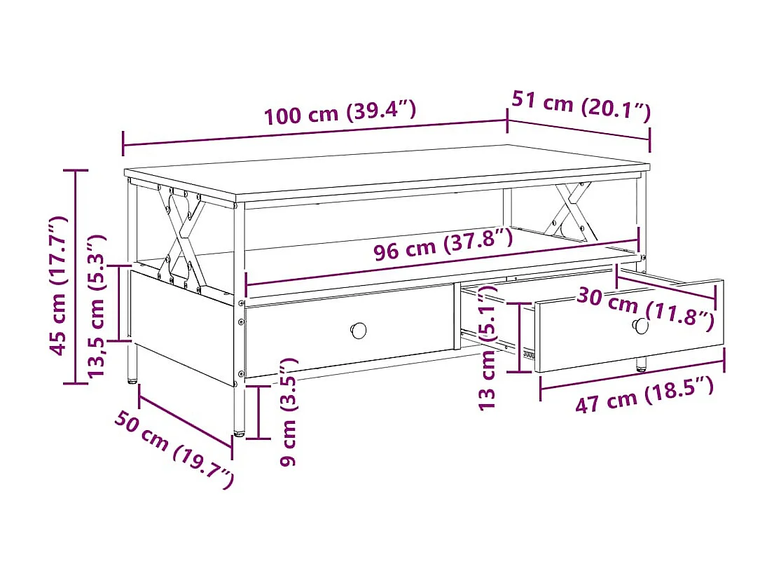 Table basse sonoma gris 100x51x45 cm bois d'ingénierie