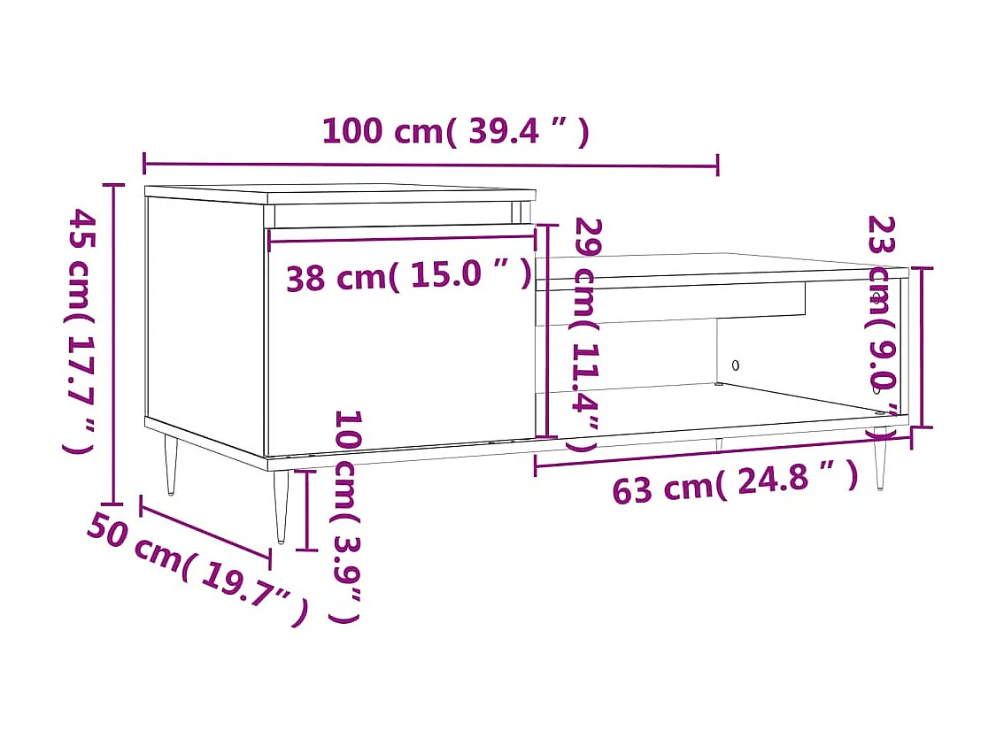 Mesa de centro madera contrachapada roble marrón 100x50x45 cm