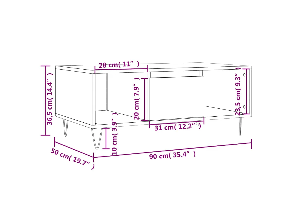 Salontafel 90x50x36,5 cm bewerkt hout hoogglans wit