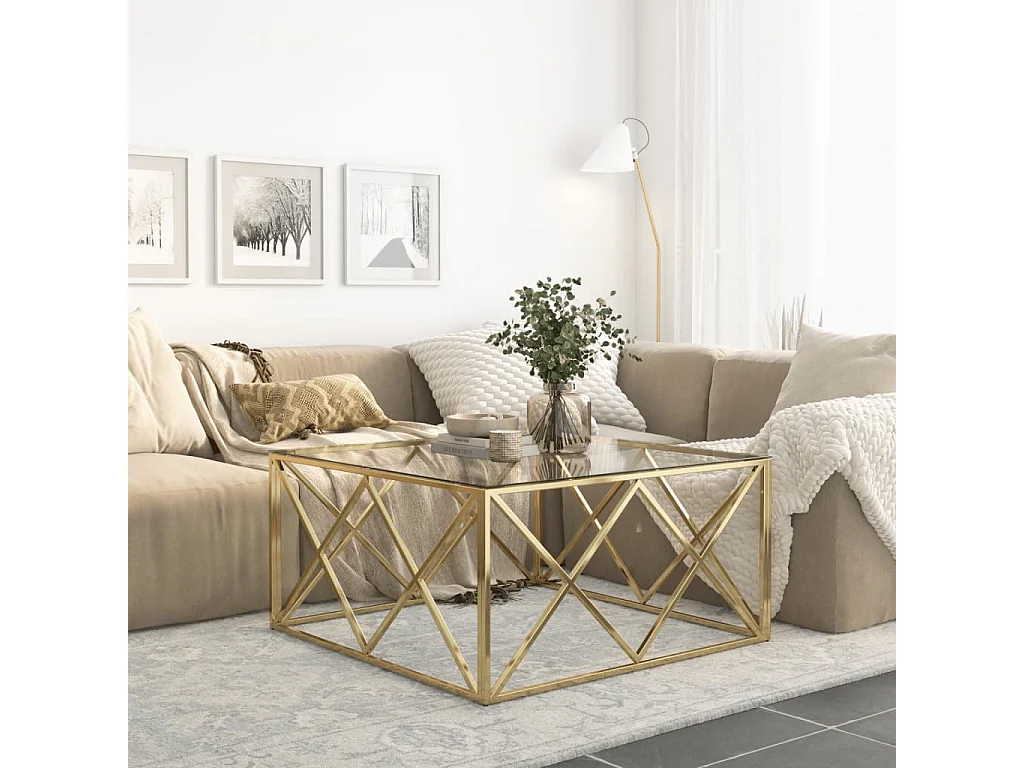 Table basse doré acier inoxydable et verre trempé