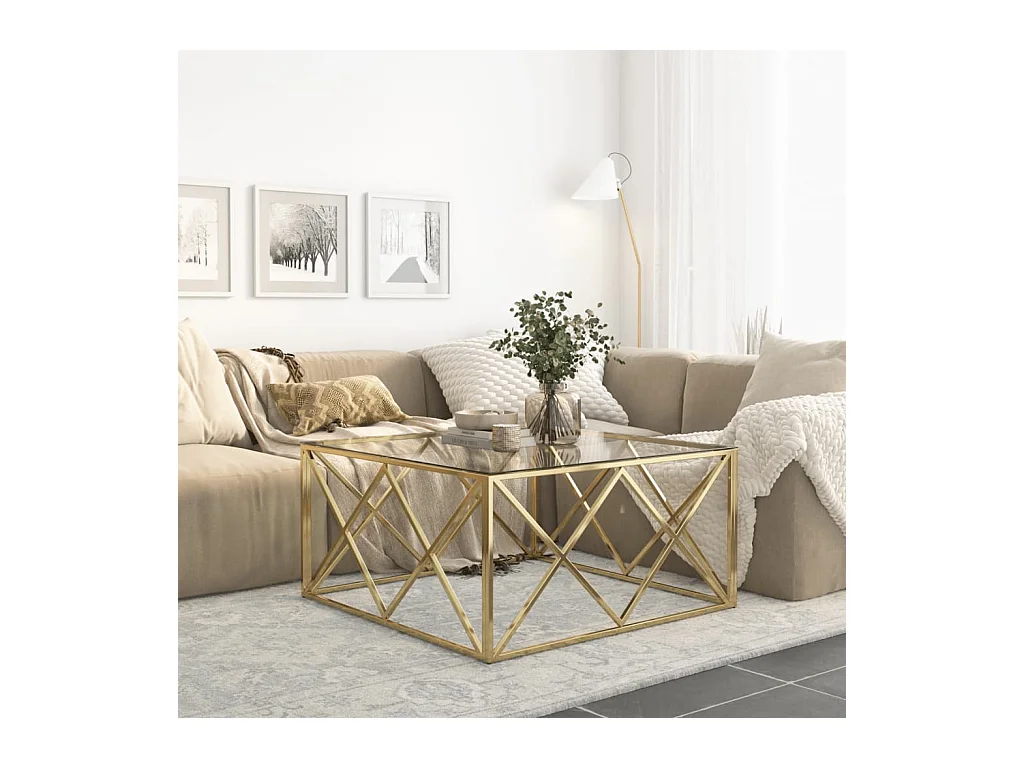 Table basse doré acier inoxydable et verre trempé