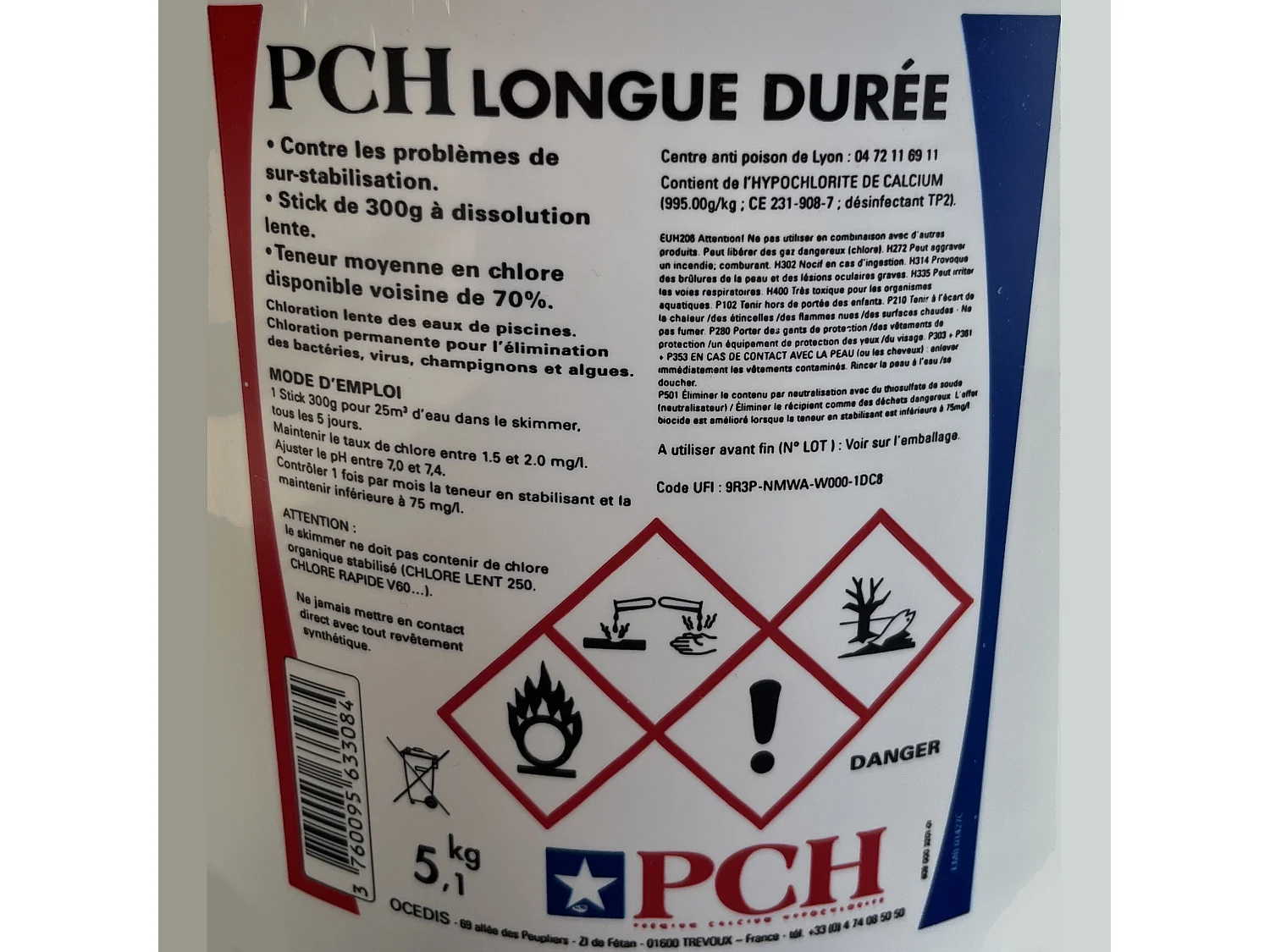 Pch Chlore lent stick 300g 5.1kg - hypochlorite calcium longue duree