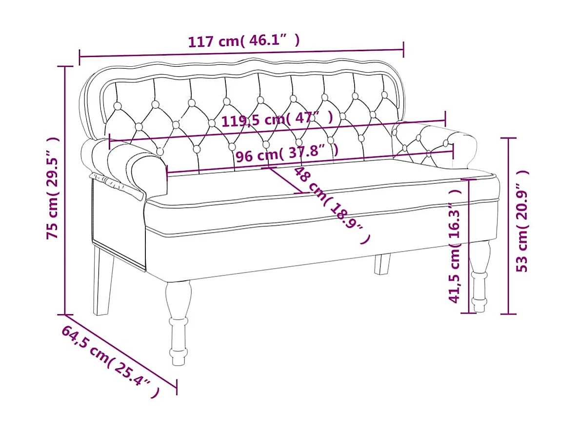 Banc avec dossier Noir 119,5x64,5x75 cm Velours