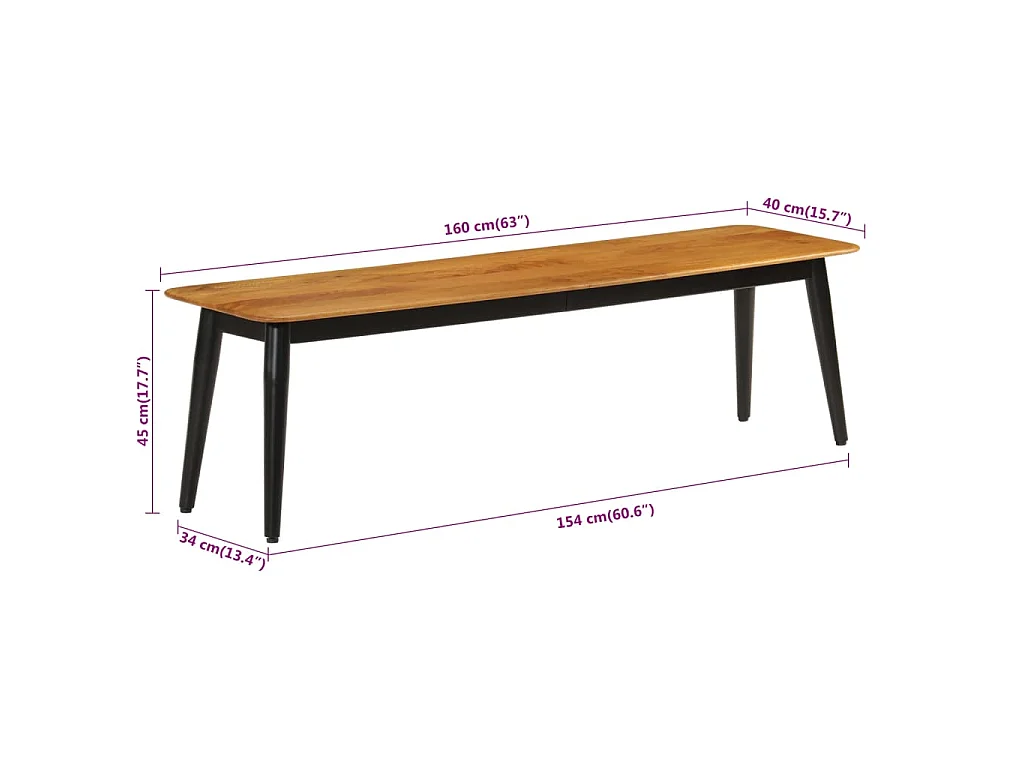 Banc 160x40x45 cm bois massif de manguier et fer