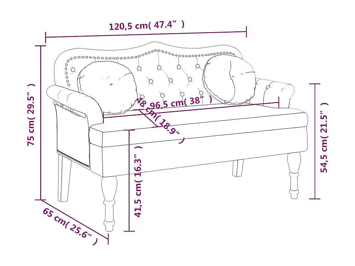 Banc avec coussins noir 120,5x65x75 cm velours