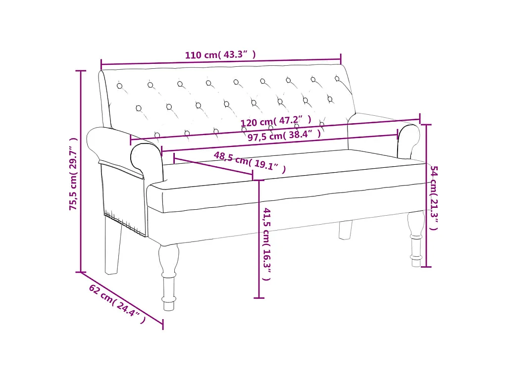 Banc avec dossier gris clair 120x62x75,5 cm tissu