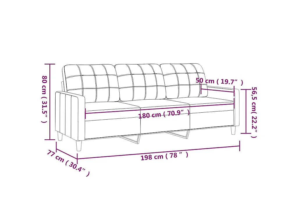 Canapé à 3 places Noir 180 cm Tissu