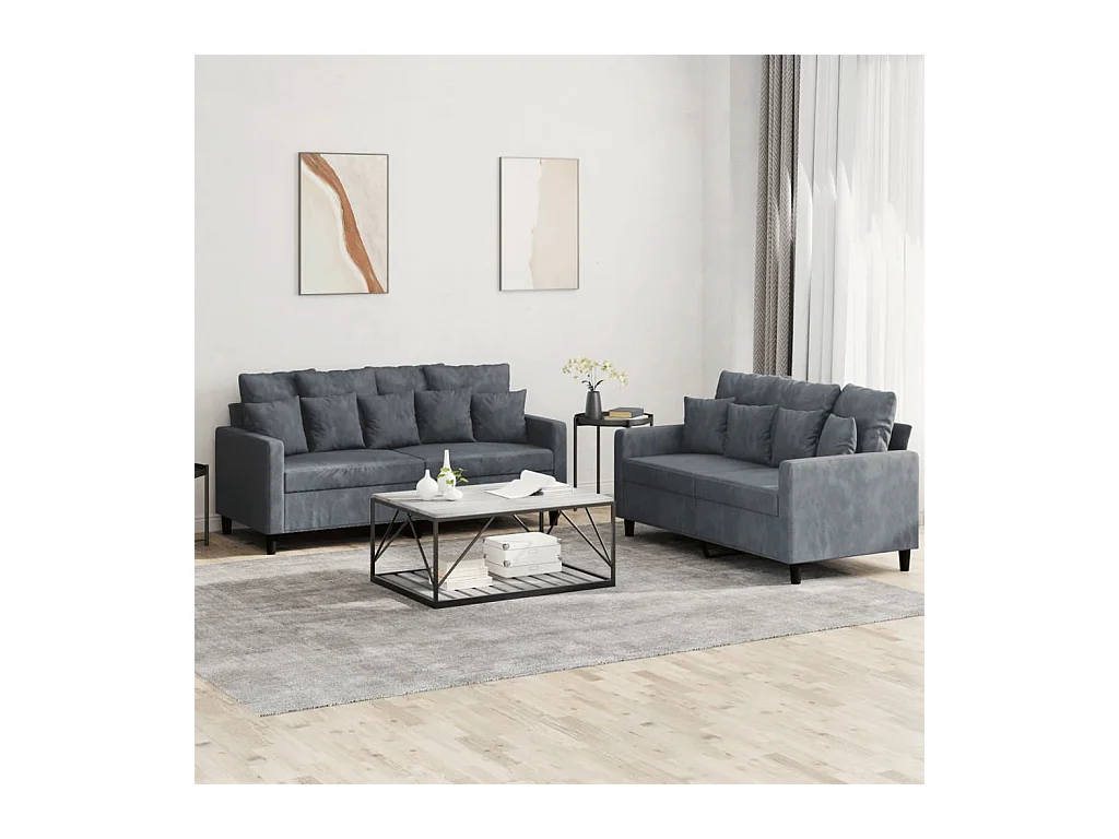 Set di Divani 2 pz con Cuscini Grigio Scuro in Velluto