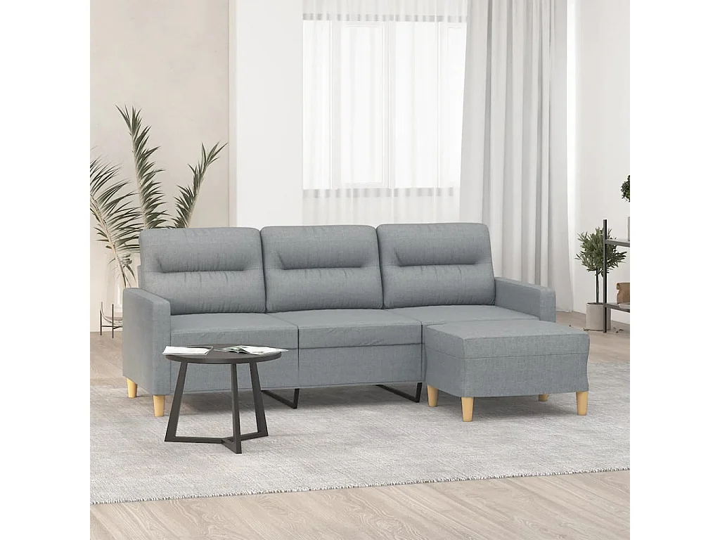 Sofá de 3 lugares com apoio de pés 180 cm tecido cinzento-claro