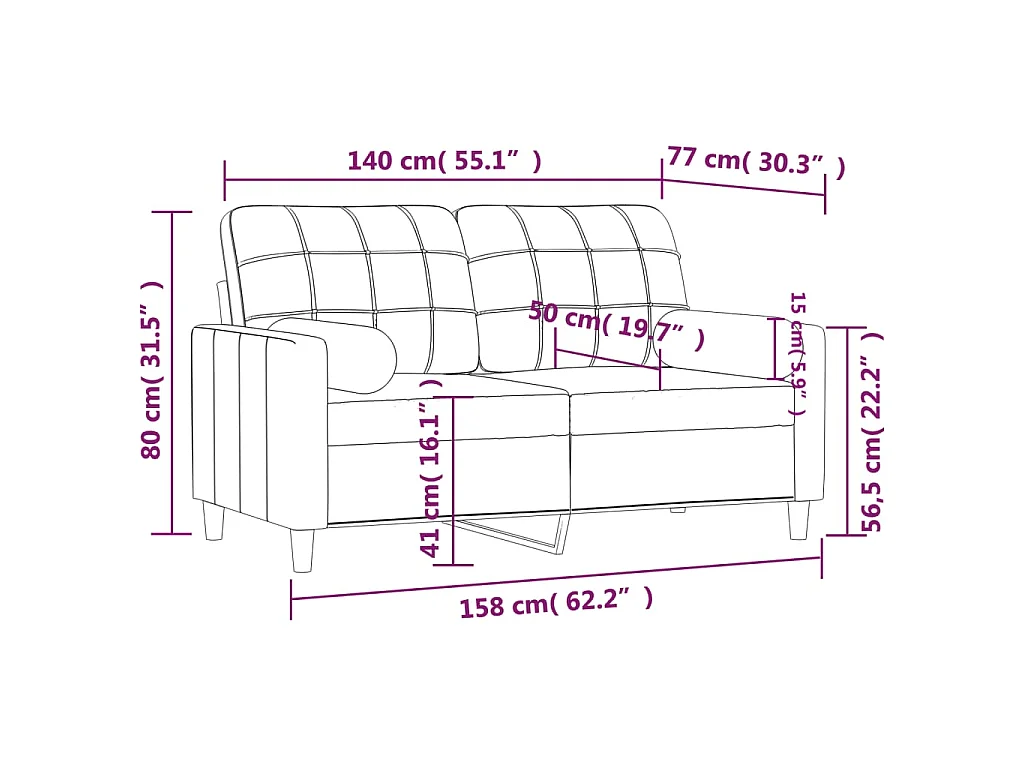 Canapé 2 places avec oreillers décoratifs noir 140 cm tissu