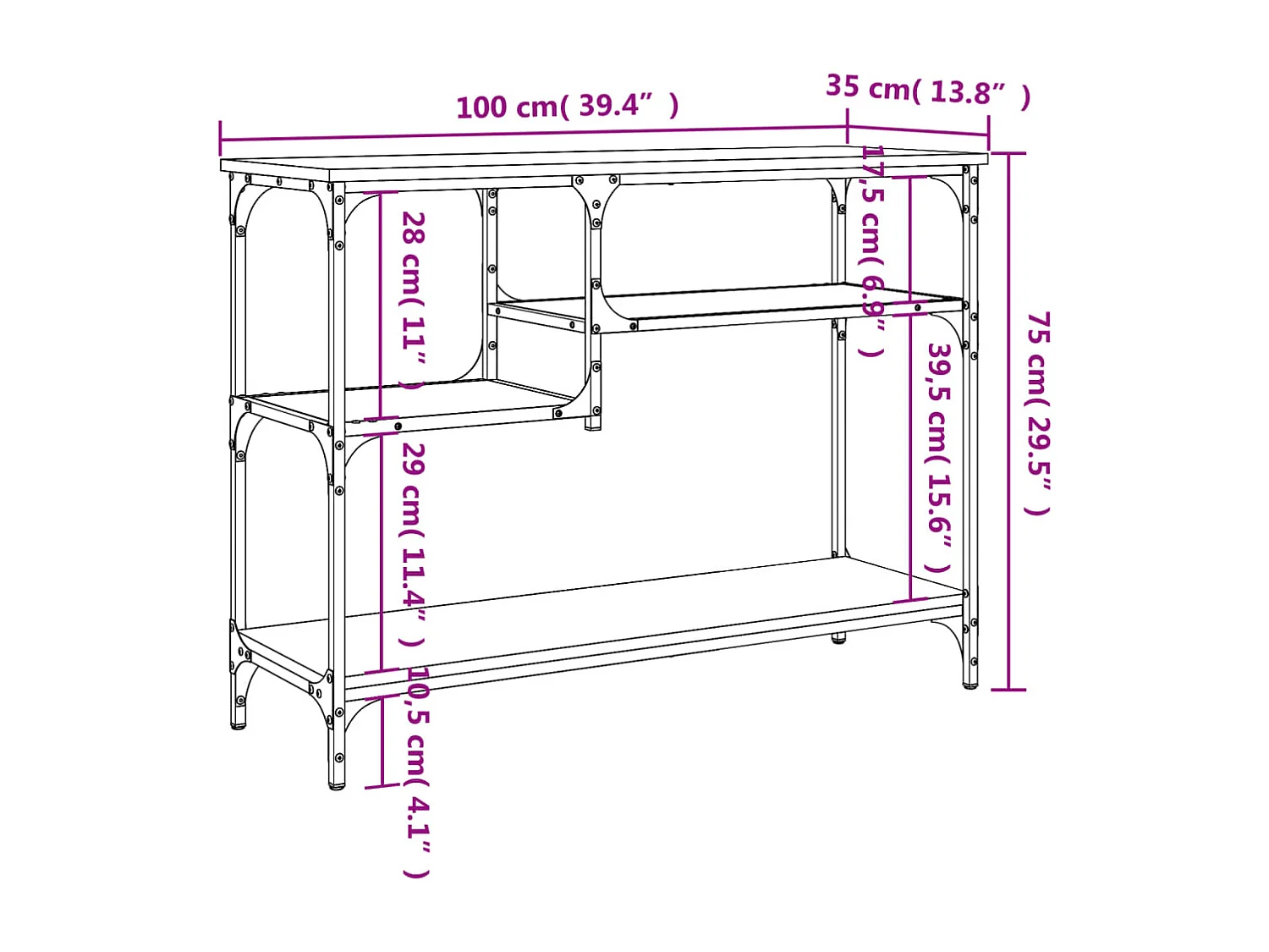 Table console avec étagères chêne fumé 100x35x75 cm