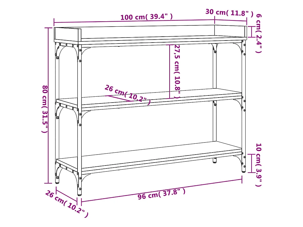 Table console avec étagères chêne fumé 100x30x80 cm