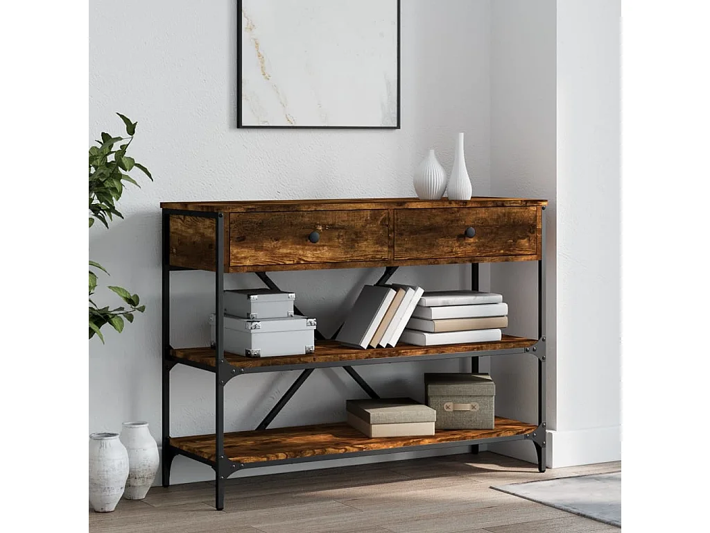 Wandtafel met lades en schappen bewerkt hout gerookt eikenkleur