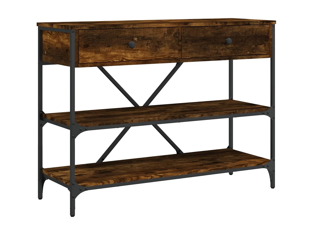 Wandtafel met lades en schappen bewerkt hout gerookt eikenkleur