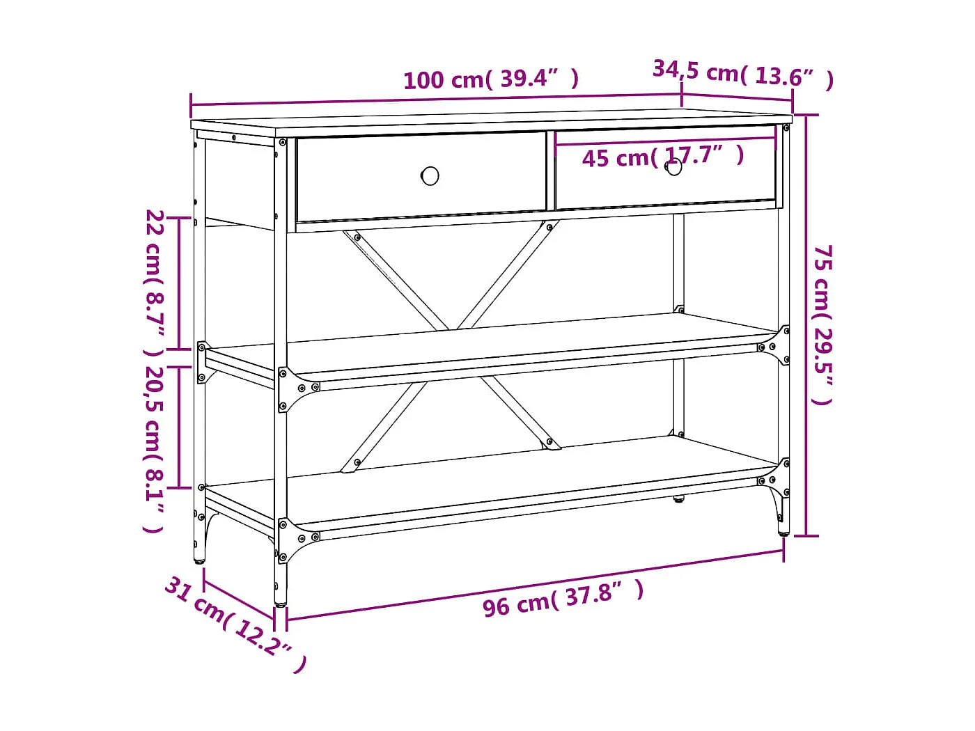 Wandtafel met lades en schappen bewerkt hout gerookt eikenkleur
