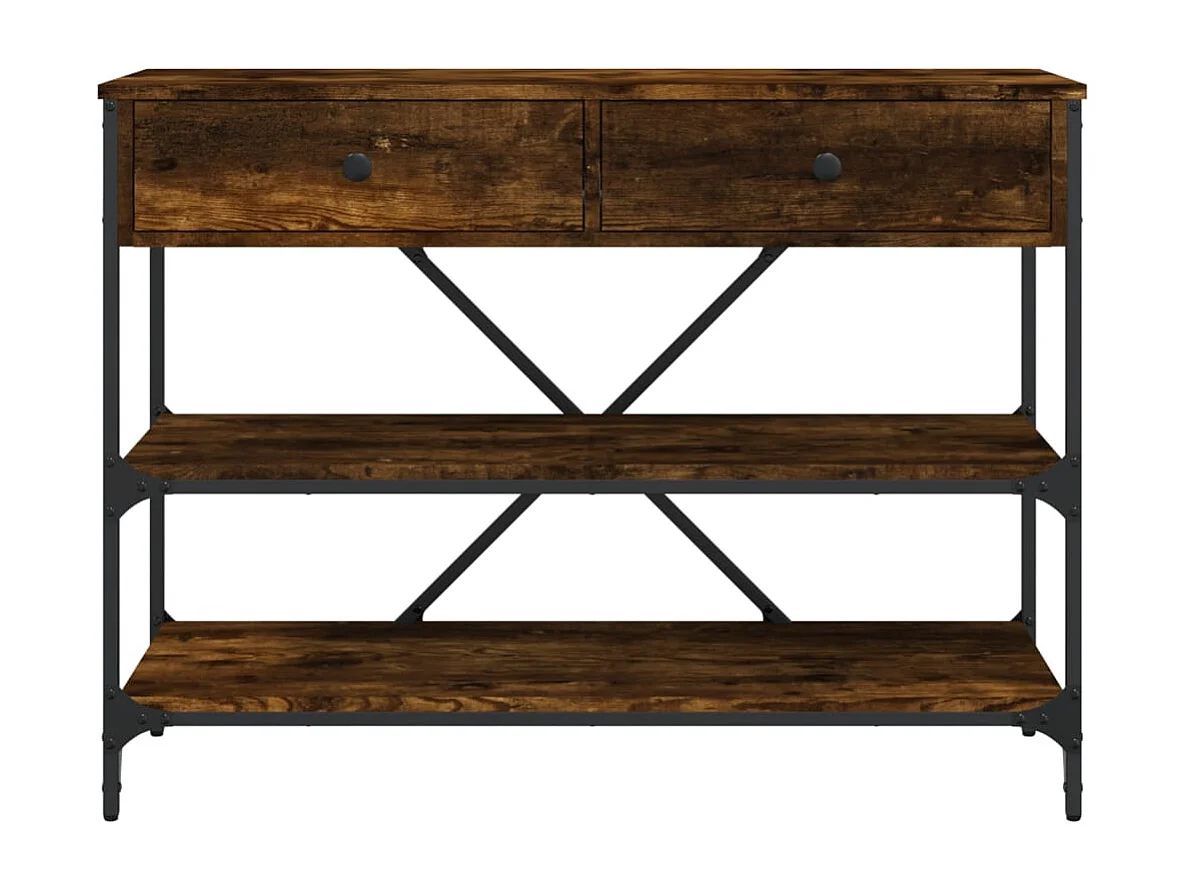 Wandtafel met lades en schappen bewerkt hout gerookt eikenkleur