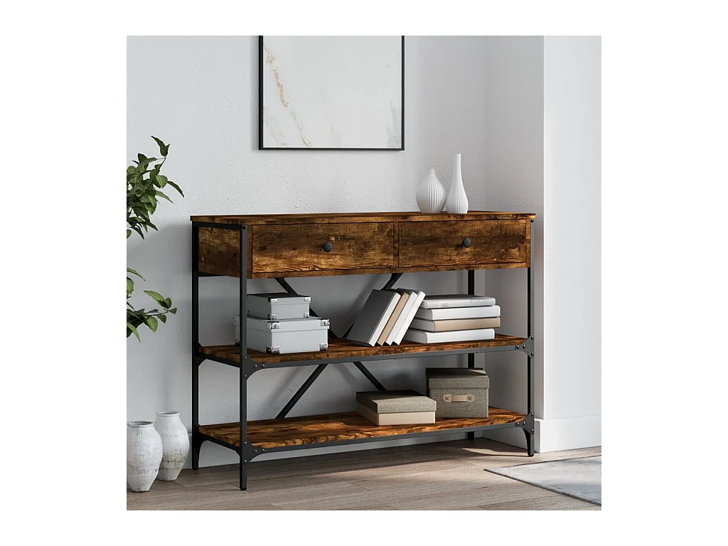Table console avec tiroirs et étagères chêne fumé