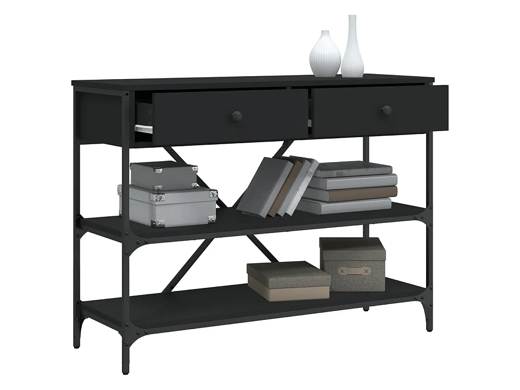 Wandtafel met lades en schappen bewerkt hout zwart